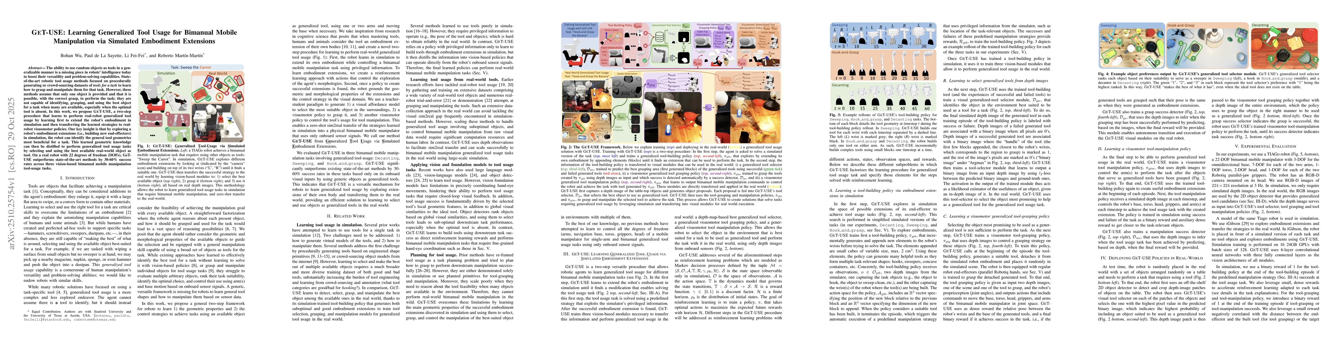 Thumbnail for GET-USE: Learning Generalized Tool Usage for Bimanual Mobile
  Manipulation via Simulated Embodiment Extensions