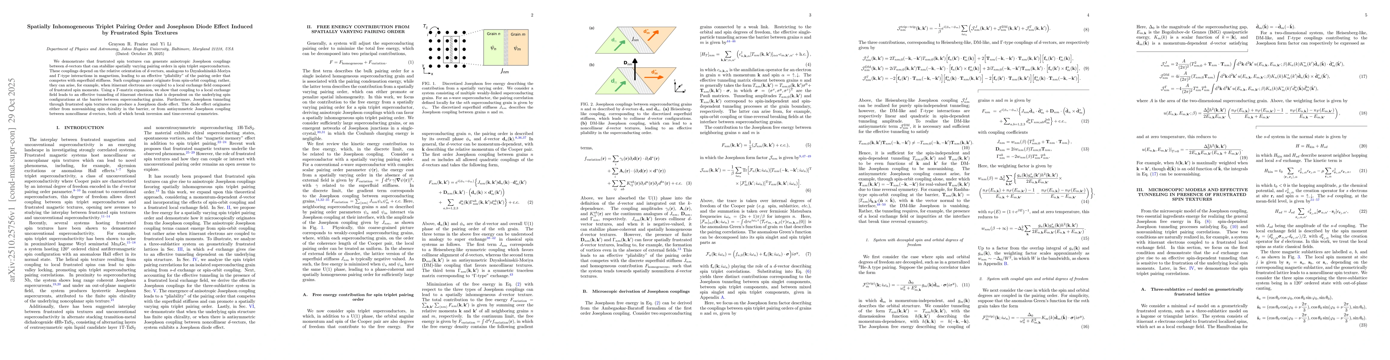 Thumbnail for Spatially Inhomogeneous Triplet Pairing Order and Josephson Diode Effect
  Induced by Frustrated Spin Textures