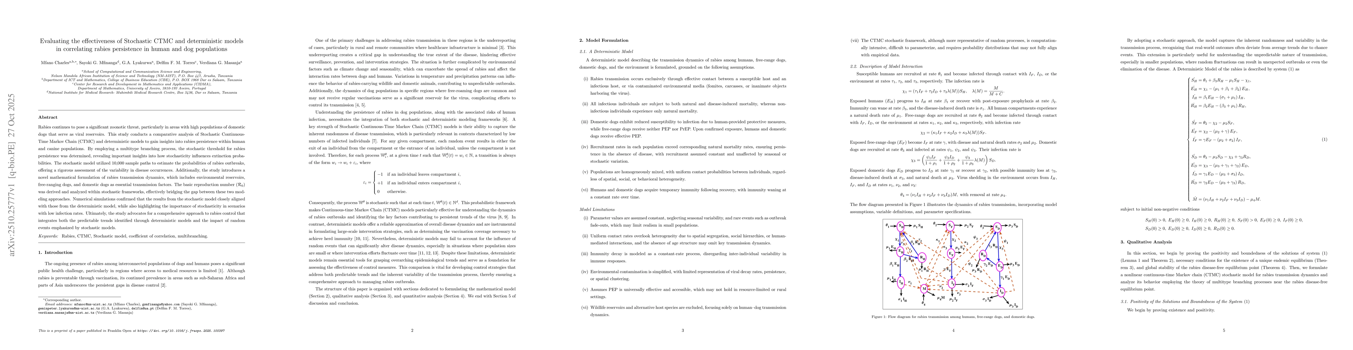 Thumbnail for Evaluating the effectiveness of Stochastic CTMC and deterministic models
  in correlating rabies persistence in human and dog populations