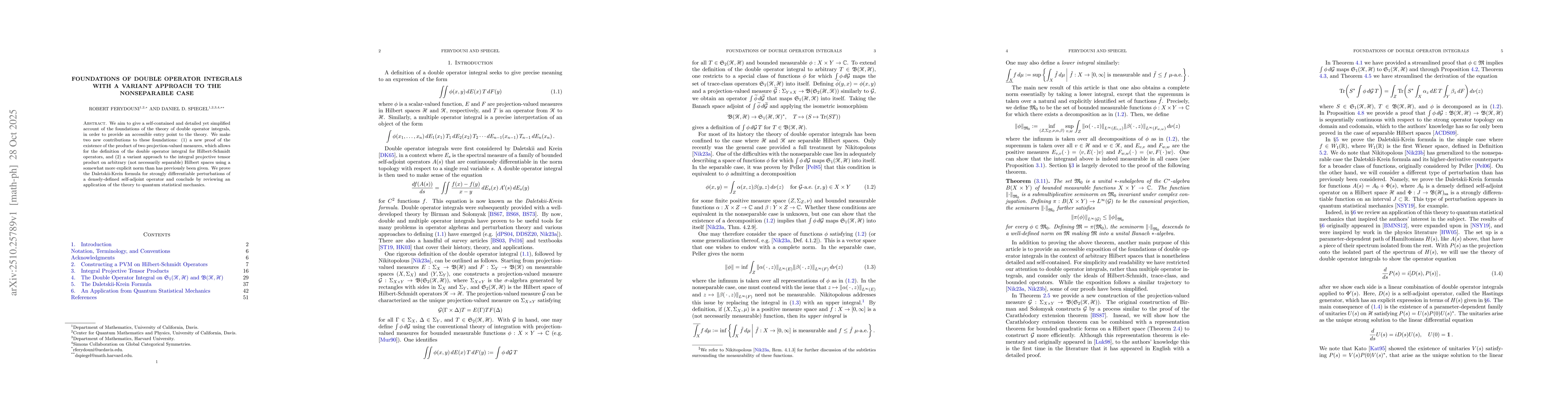 Thumbnail for Foundations of Double Operator Integrals with a Variant Approach to the
  Nonseparable Case