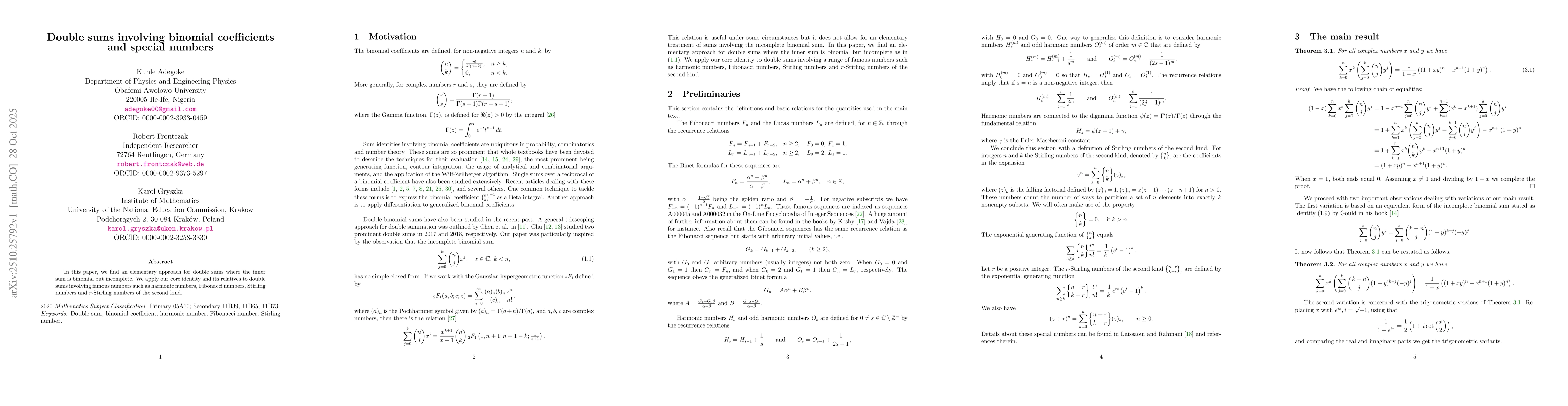 Thumbnail for Double sums involving binomial coefficients and special numbers