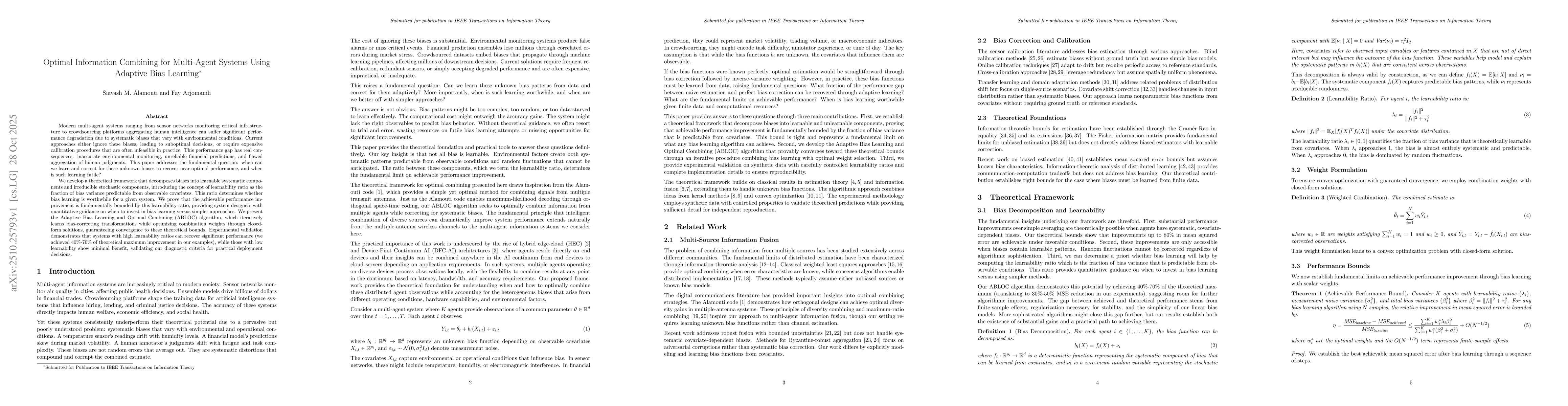 Thumbnail for Optimal Information Combining for Multi-Agent Systems Using Adaptive
  Bias Learning
