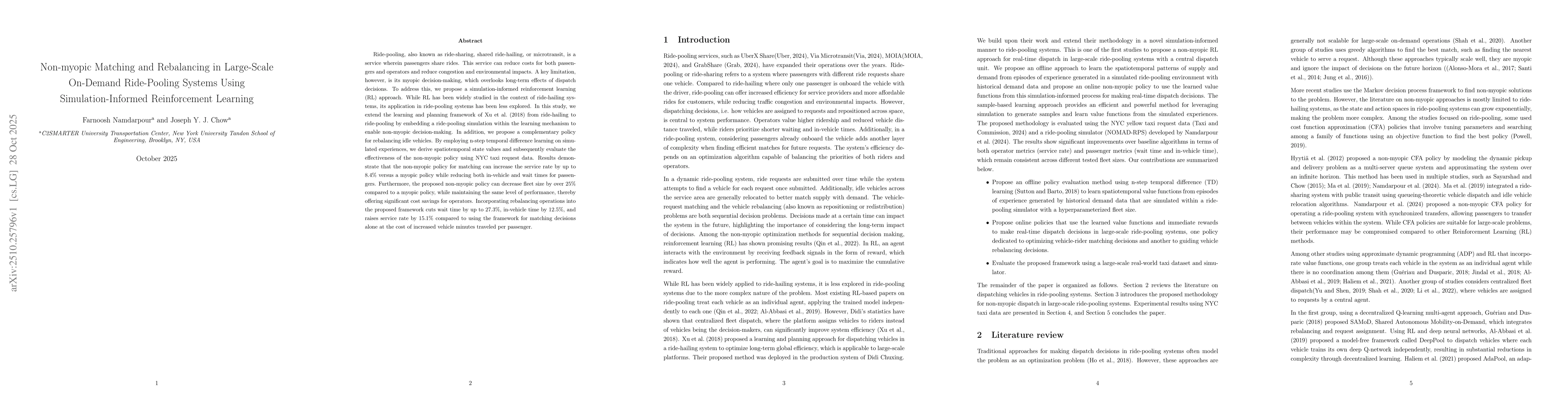 Thumbnail for Non-myopic Matching and Rebalancing in Large-Scale On-Demand
  Ride-Pooling Systems Using Simulation-Informed Reinforcement Learning
