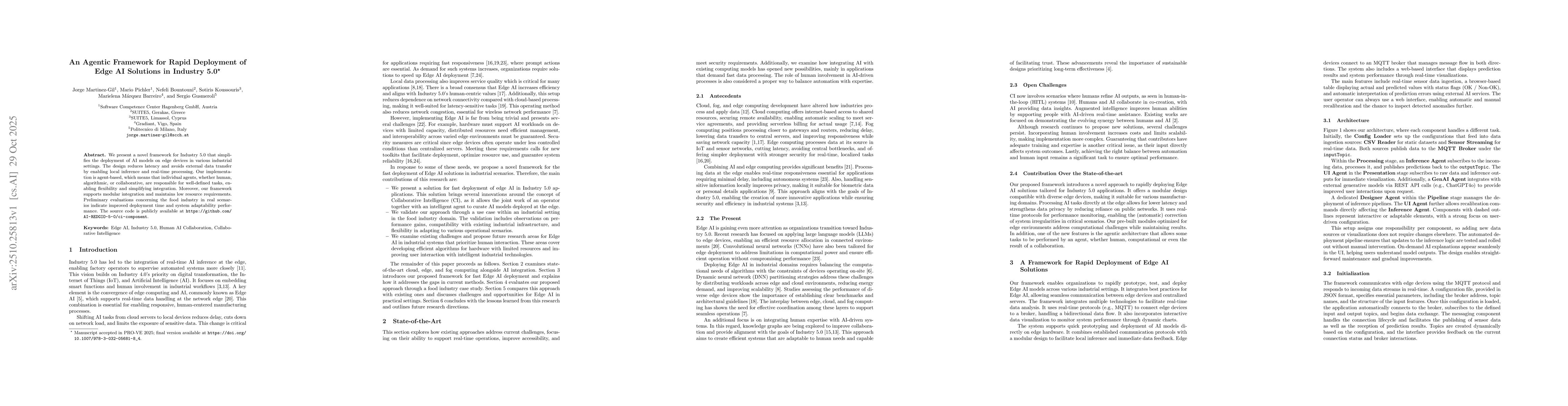 Thumbnail for An Agentic Framework for Rapid Deployment of Edge AI Solutions in
  Industry 5.0