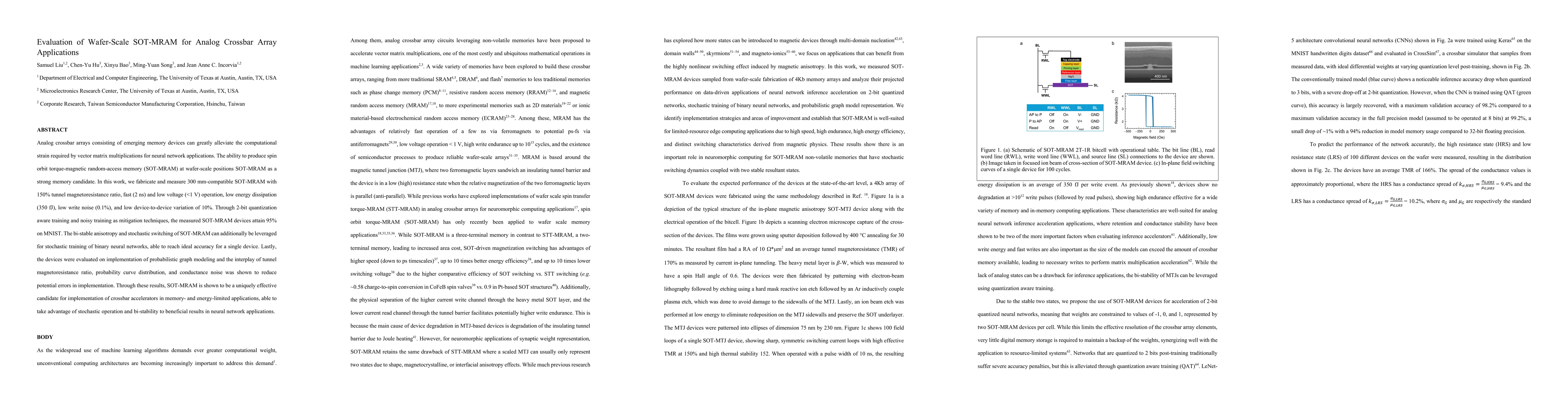 Thumbnail for Evaluation of Wafer-Scale SOT-MRAM for Analog Crossbar Array
  Applications