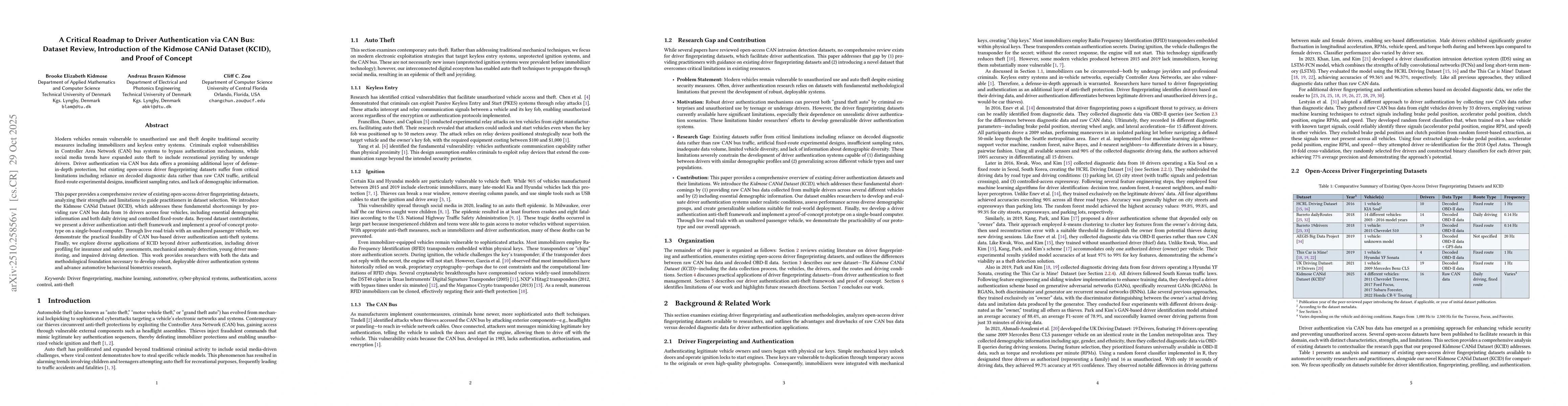 Thumbnail for A Critical Roadmap to Driver Authentication via CAN Bus: Dataset Review,
  Introduction of the Kidmose CANid Dataset (KCID), and Proof of Concept