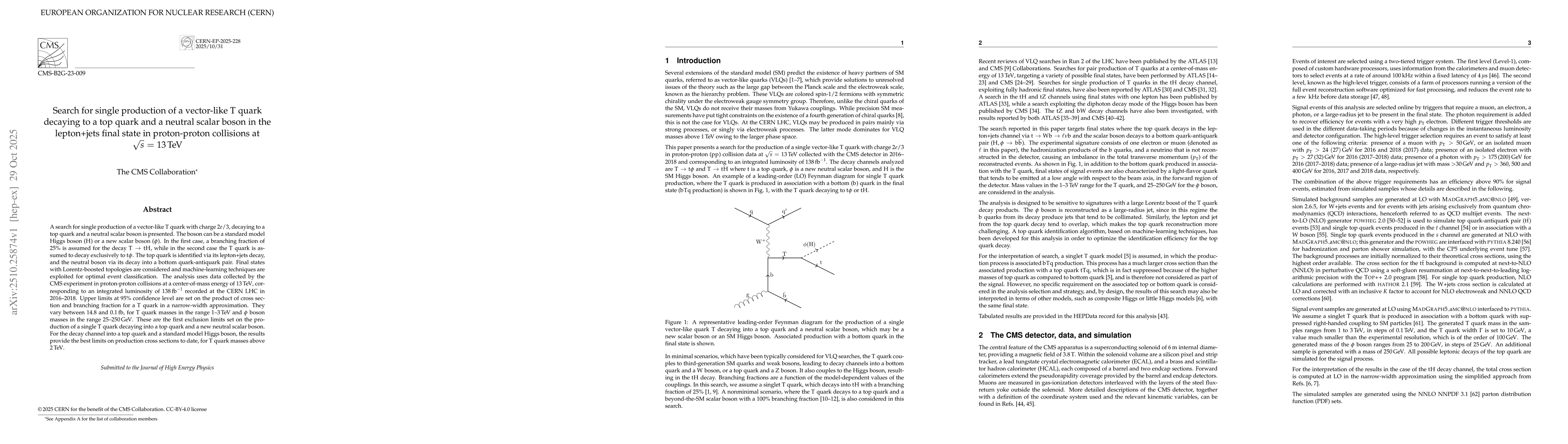 Thumbnail for Search for single production of a vector-like T quark decaying to a top
  quark and a neutral scalar boson in the lepton+jets final state in
  proton-proton collisions at $\sqrt{s}$ = 13 TeV
