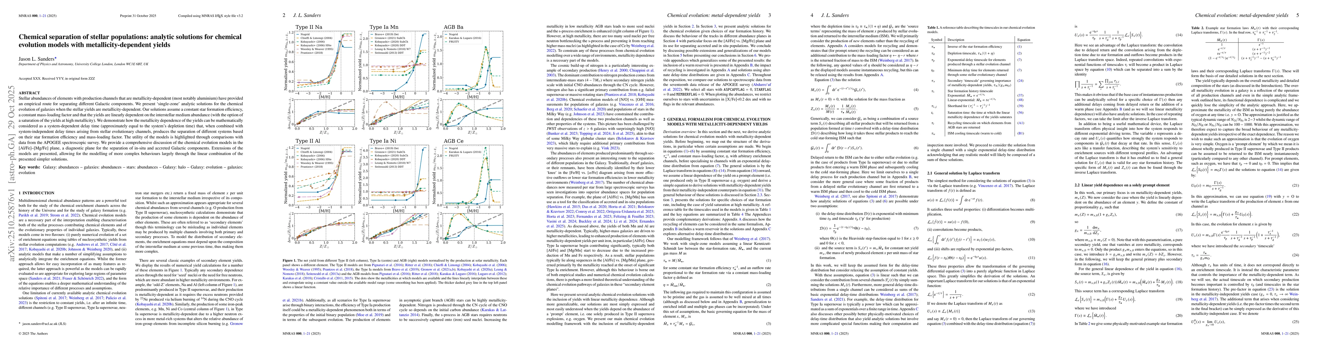 Thumbnail for Chemical separation of stellar populations: analytic solutions for
  chemical evolution models with metallicity-dependent yields