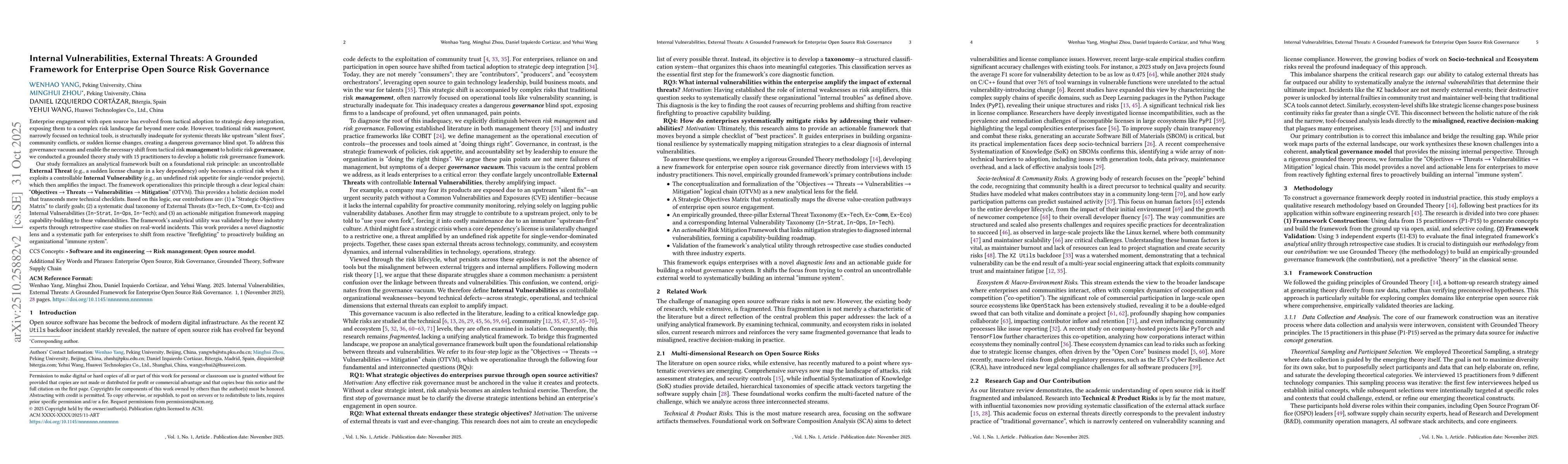 Thumbnail for Internal Vulnerabilities, External Threats: A Grounded Framework for
  Enterprise Open Source Risk Governance