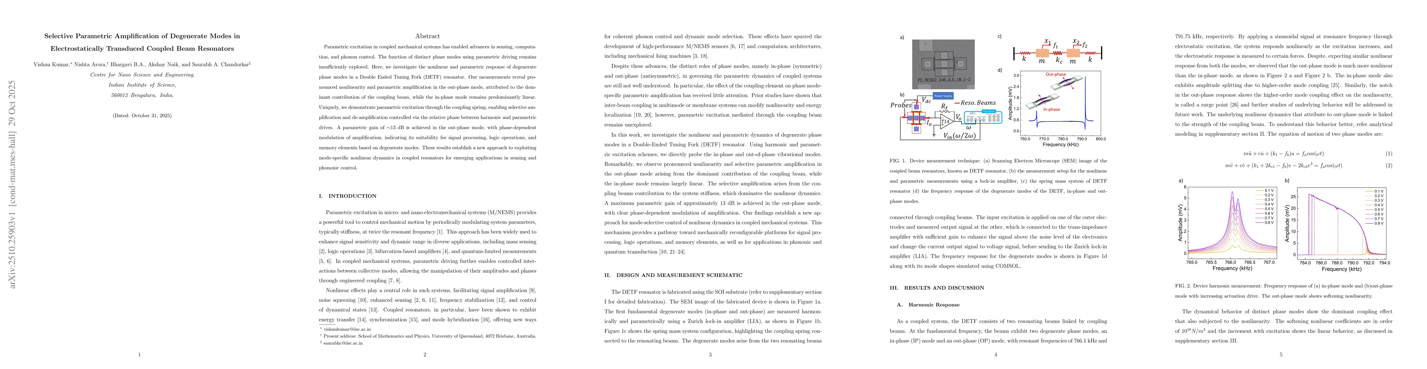 Thumbnail for Selective Parametric Amplification of Degenerate Modes in
  Electrostatically Transduced Coupled Beam Resonators