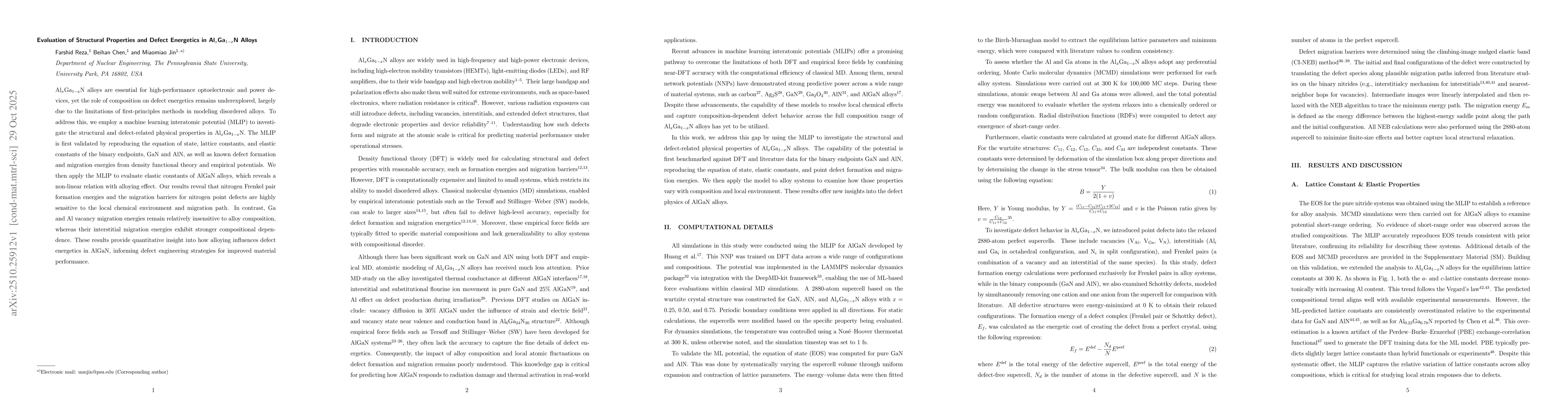 Thumbnail for Evaluation of Structural Properties and Defect Energetics in
  Al$_x$Ga$_{1-x}$N Alloys
