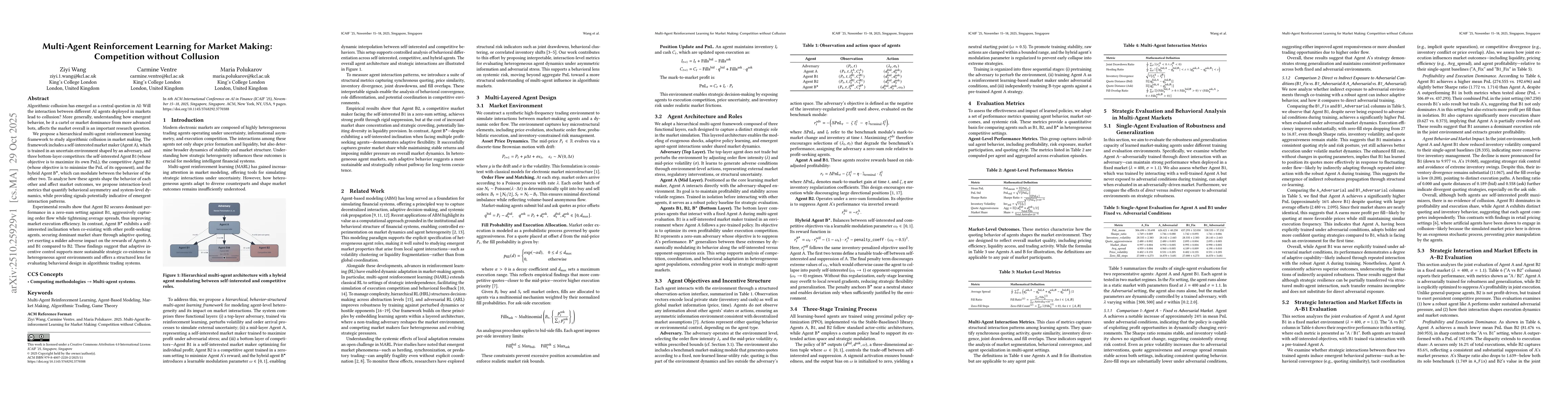Thumbnail for Multi-Agent Reinforcement Learning for Market Making: Competition
  without Collusion