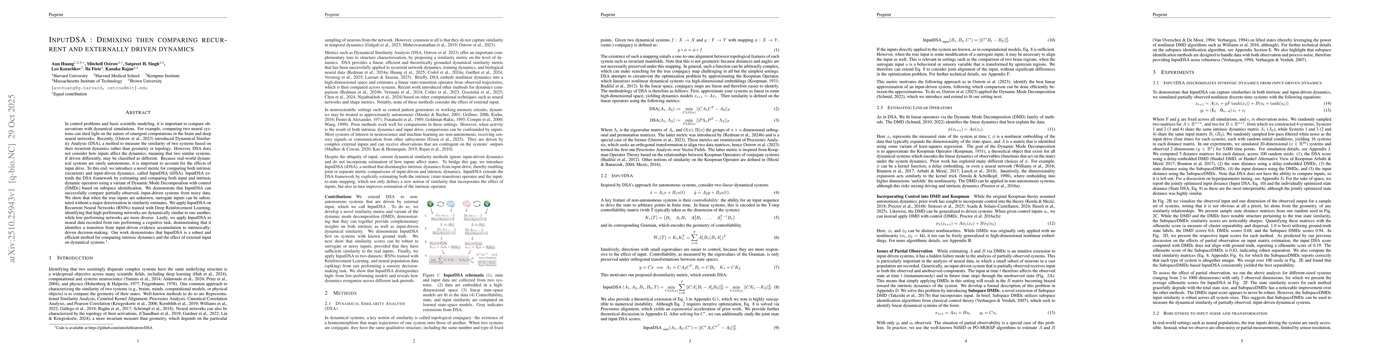 Thumbnail for InputDSA: Demixing then Comparing Recurrent and Externally Driven
  Dynamics