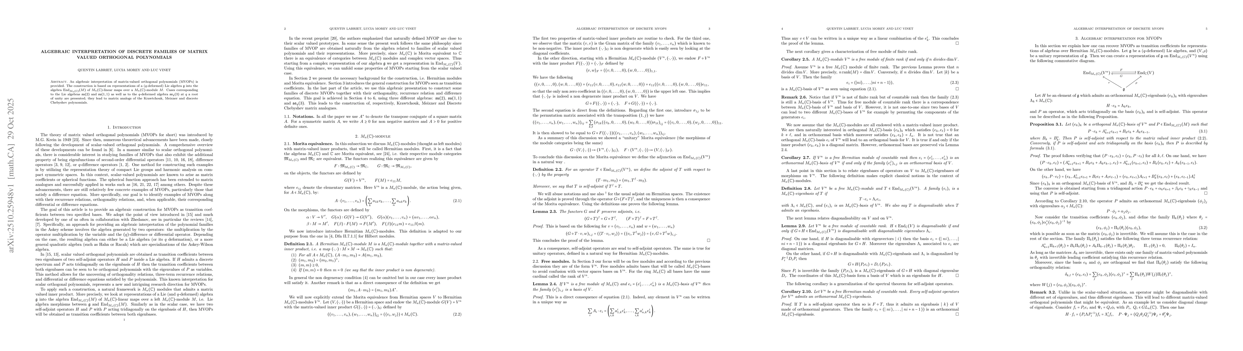 Thumbnail for Algebraic interpretation of discrete families of matrix valued
  orthogonal polynomials