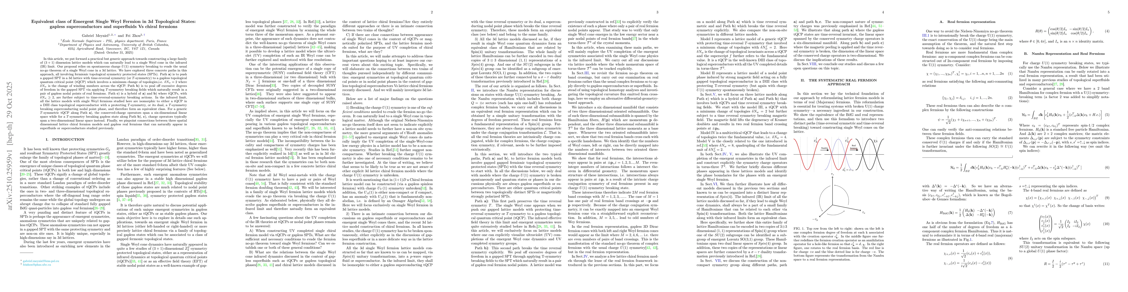 Thumbnail for Equivalent class of Emergent Single Weyl Fermion in 3d Topological
  States: gapless superconductors and superfluids Vs chiral fermions