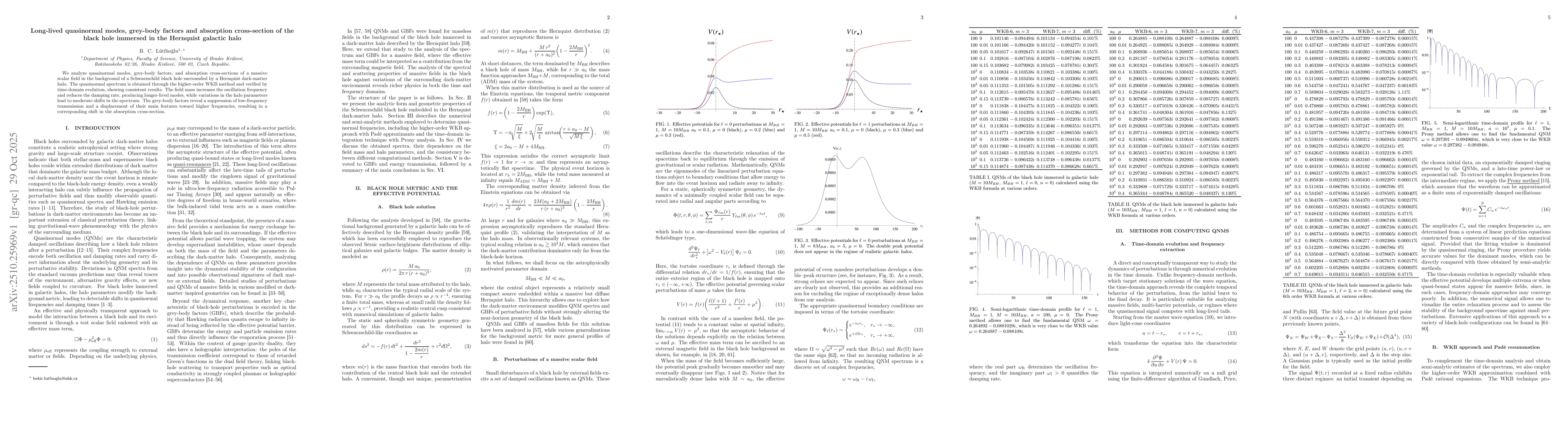 Thumbnail for Long-lived quasinormal modes, grey-body factors and absorption
  cross-section of the black hole immersed in the Hernquist galactic halo