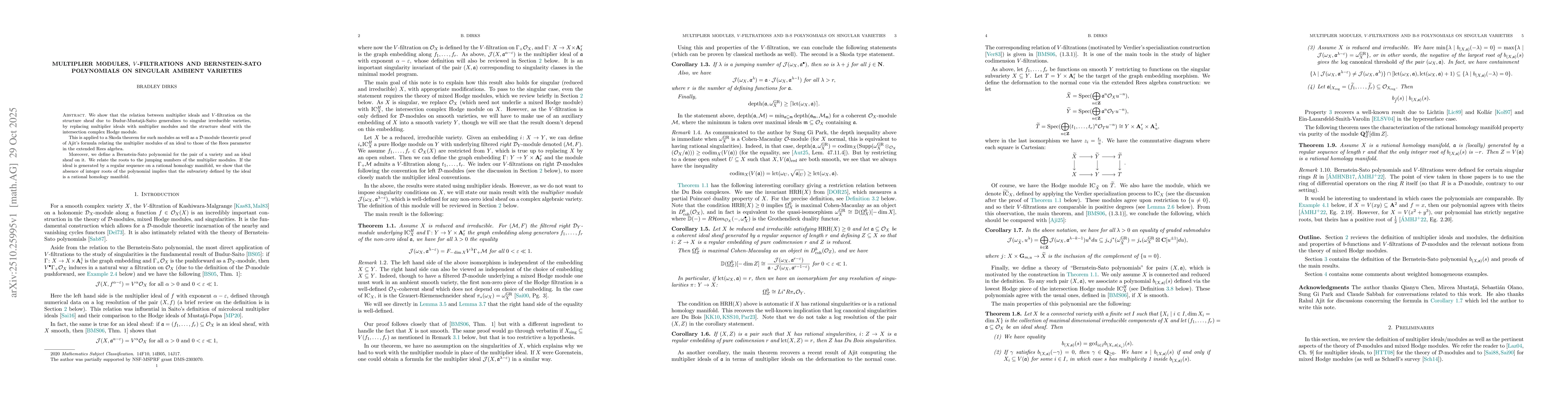 Thumbnail for Multiplier modules, $V$-filtrations and Bernstein-Sato polynomials on
  singular ambient varieties