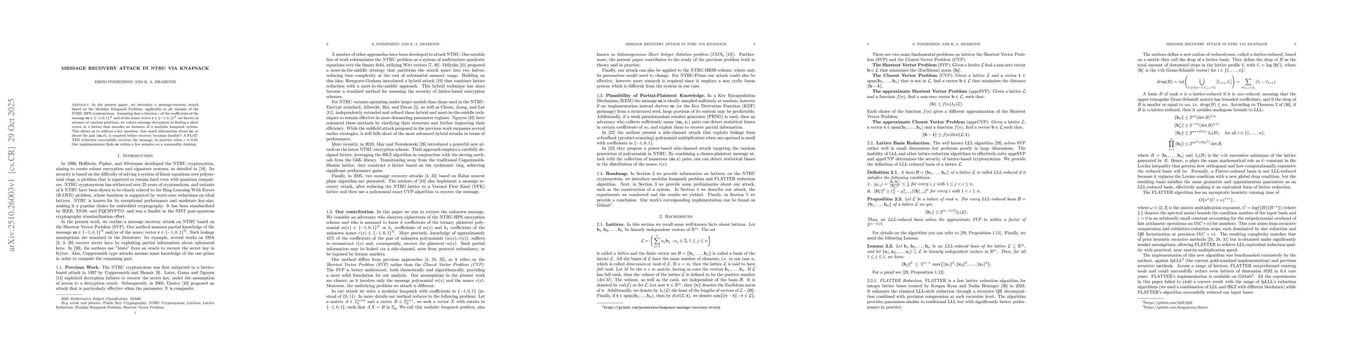 Thumbnail for Message Recovery Attack in NTRU via Knapsack