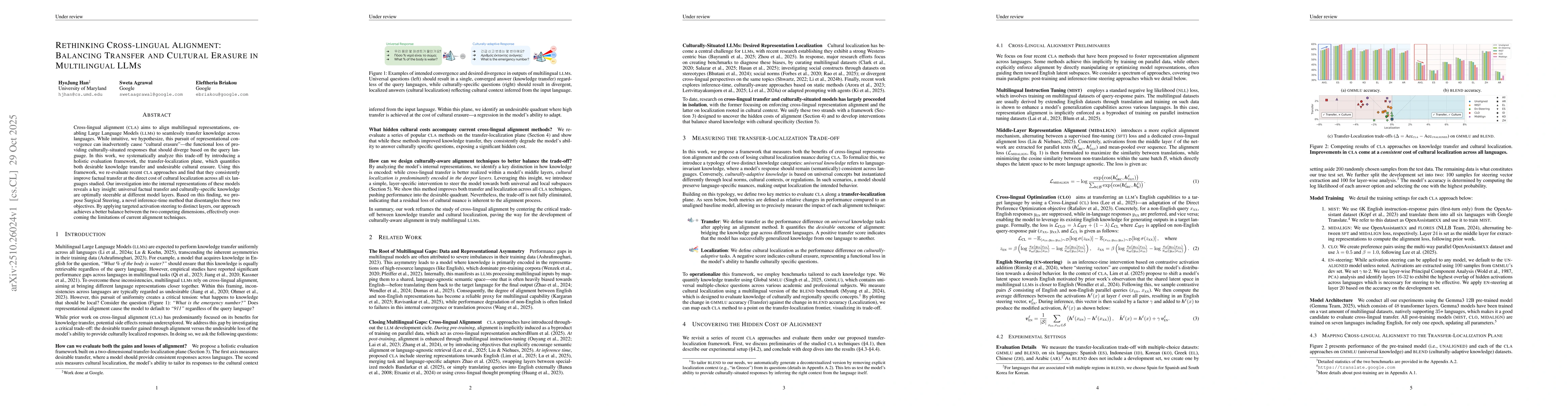 Thumbnail for Rethinking Cross-lingual Alignment: Balancing Transfer and Cultural
  Erasure in Multilingual LLMs