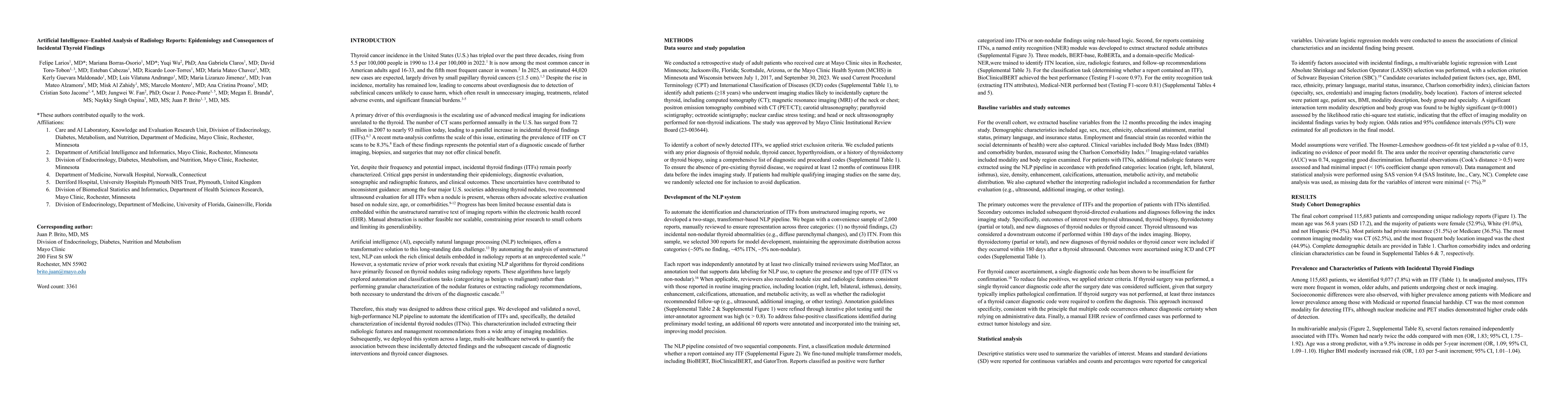 Thumbnail for Artificial Intelligence-Enabled Analysis of Radiology Reports:
  Epidemiology and Consequences of Incidental Thyroid Findings