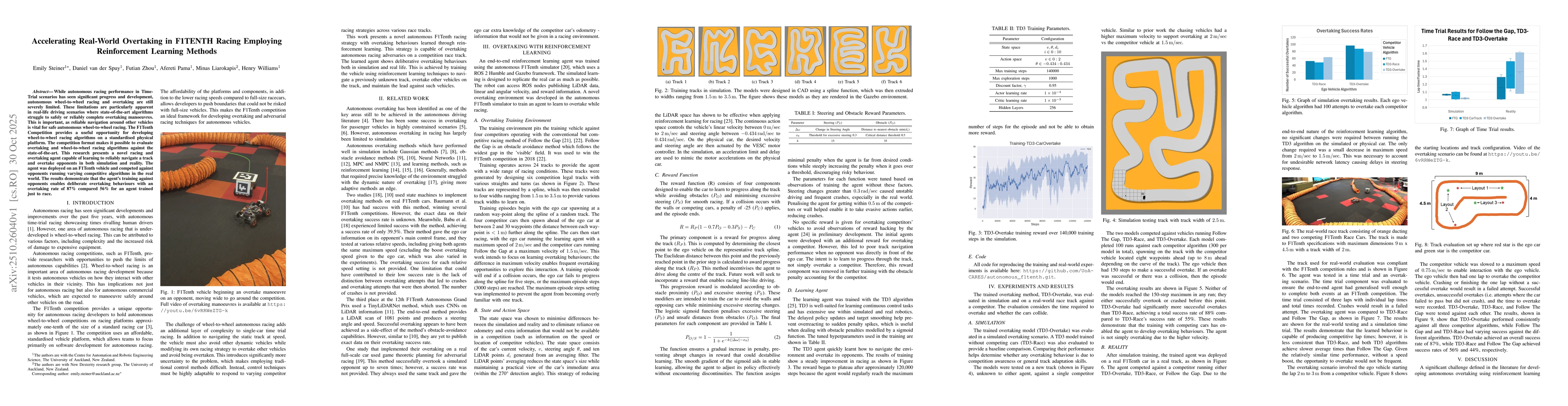 Thumbnail for Accelerating Real-World Overtaking in F1TENTH Racing Employing
  Reinforcement Learning Methods