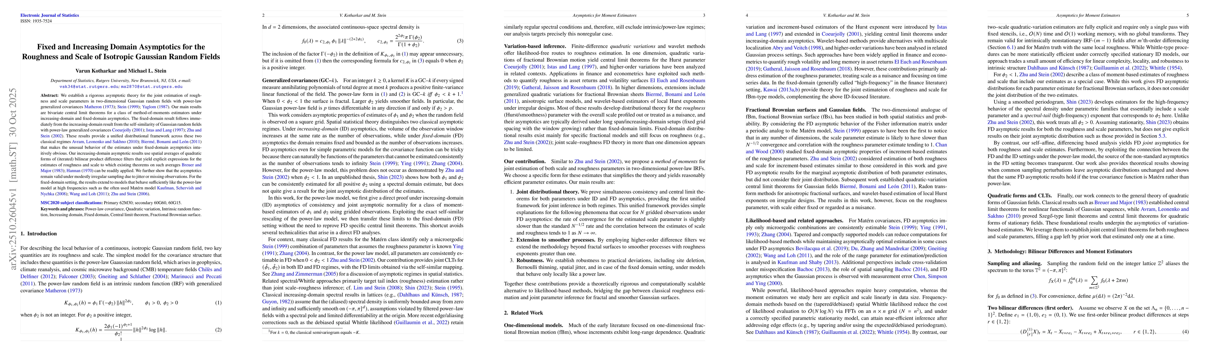 Thumbnail for Fixed and Increasing Domain Asymptotics for the Roughness and Scale of
  Isotropic Gaussian Random Fields