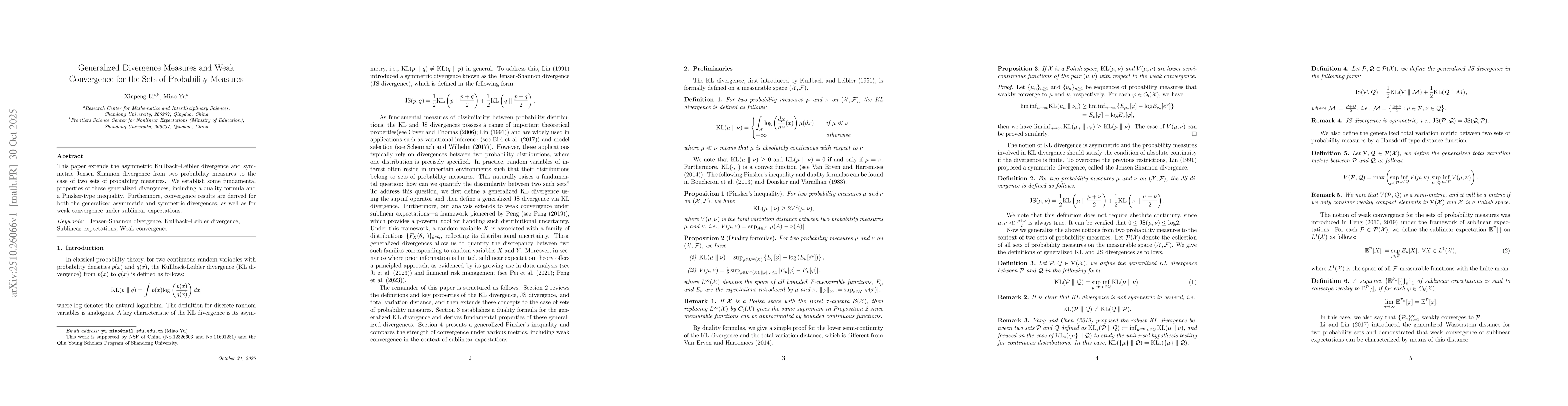 Thumbnail for Generalized Divergence Measures and Weak Convergence for the Sets of
  Probability Measures