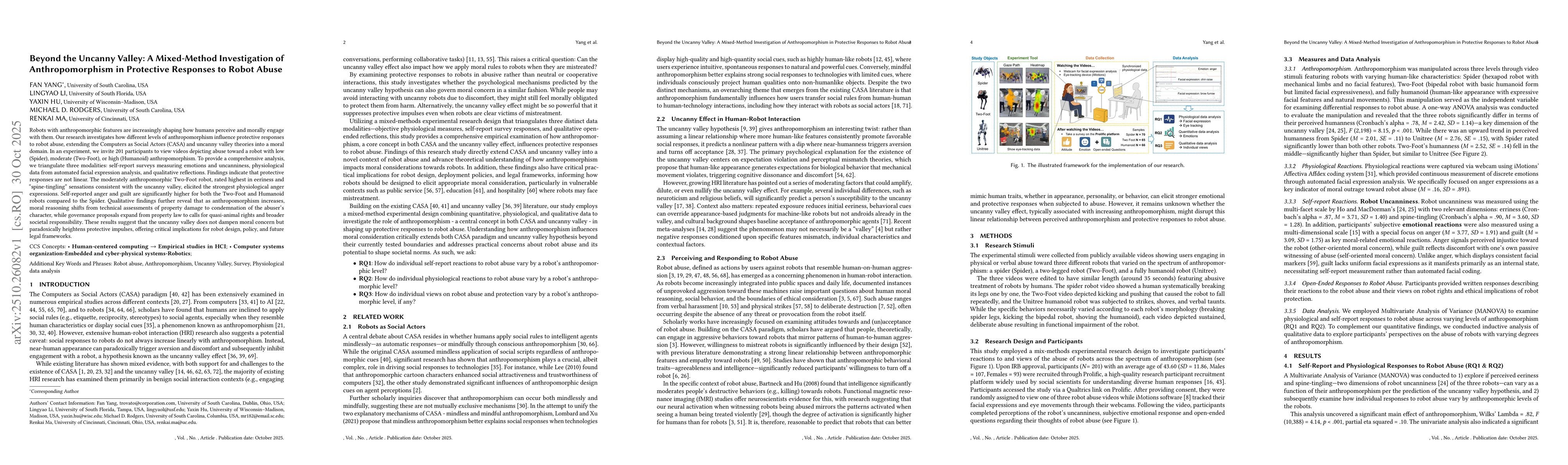 Thumbnail for Beyond the Uncanny Valley: A Mixed-Method Investigation of
  Anthropomorphism in Protective Responses to Robot Abuse
