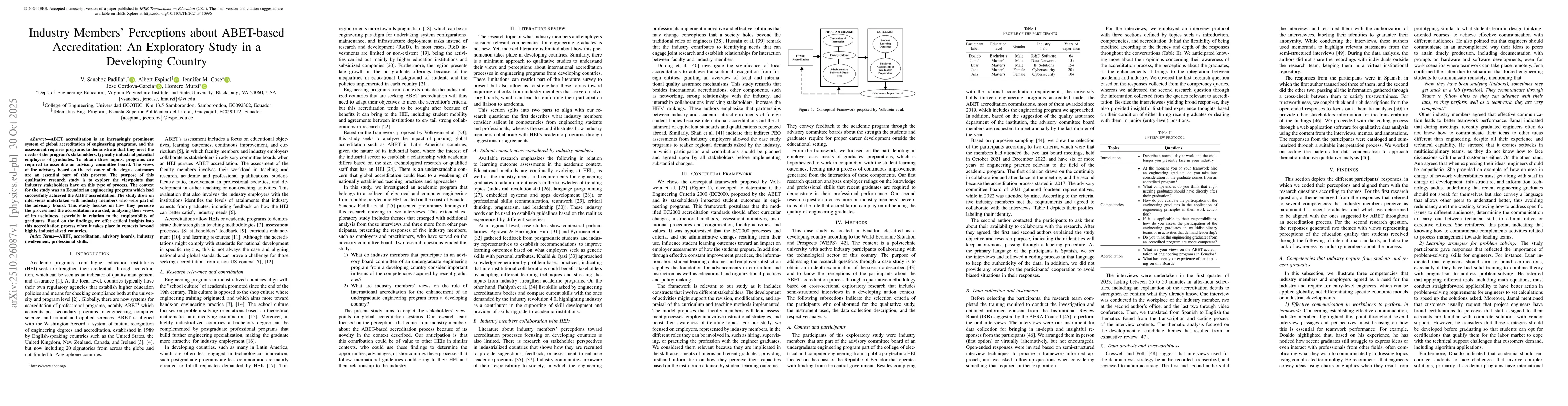 Thumbnail for Industry Members' Perceptions about ABET-based Accreditation: An
  Exploratory Study in a Developing Country