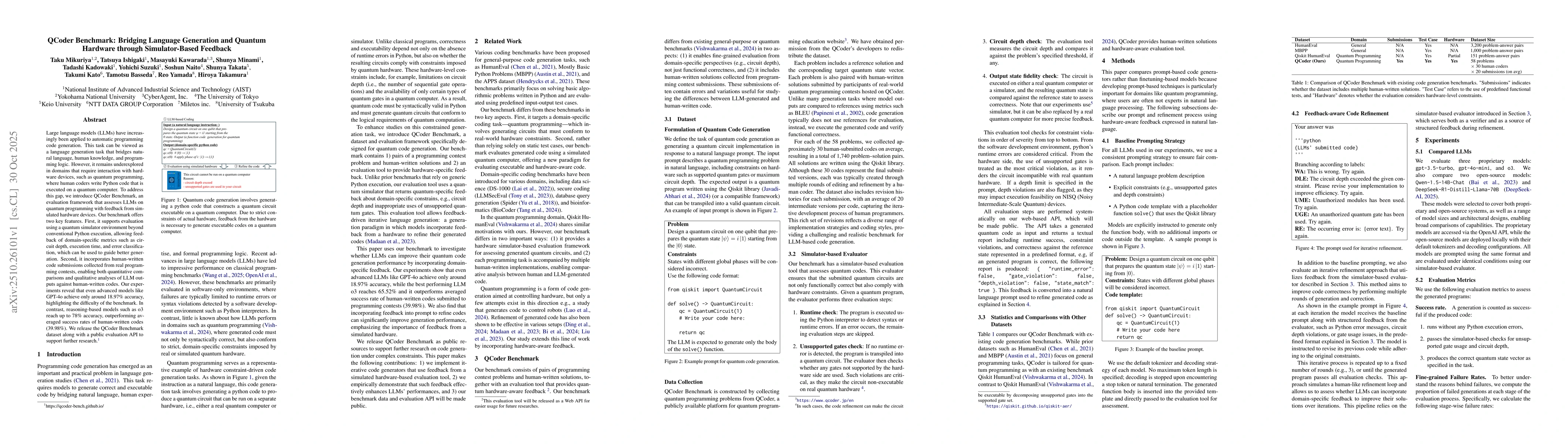 Thumbnail for QCoder Benchmark: Bridging Language Generation and Quantum Hardware
  through Simulator-Based Feedback