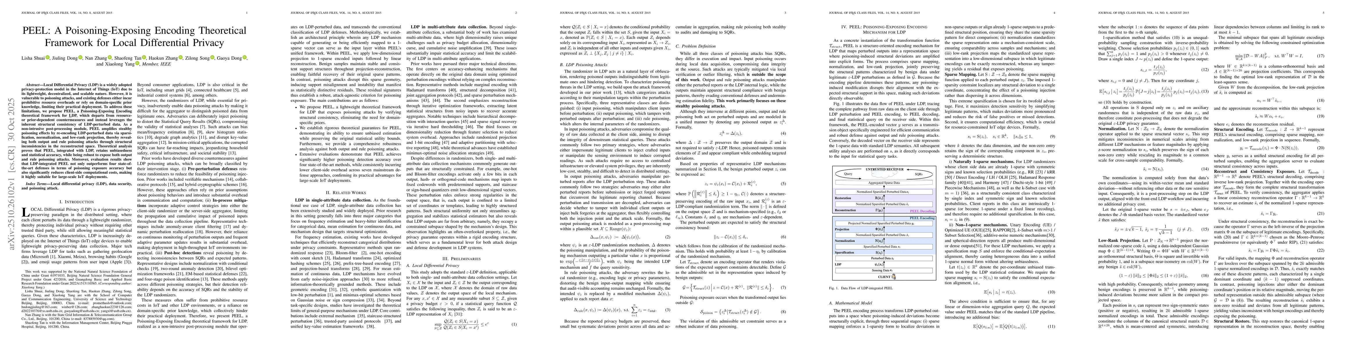 Thumbnail for PEEL: A Poisoning-Exposing Encoding Theoretical Framework for Local
  Differential Privacy