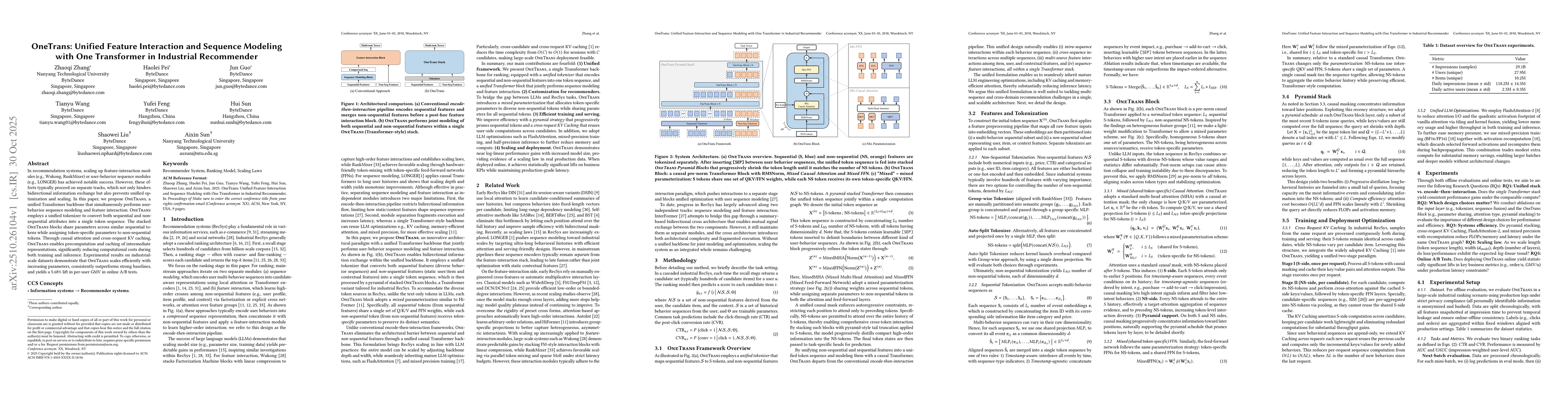 Thumbnail for OneTrans: Unified Feature Interaction and Sequence Modeling with One
  Transformer in Industrial Recommender
