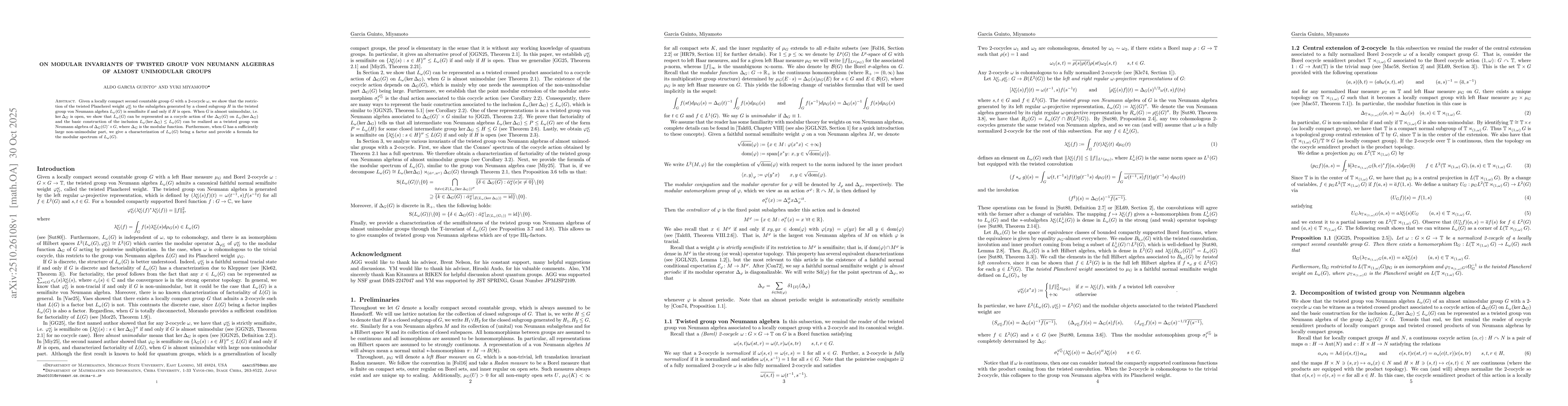 Thumbnail for On modular invariants of twisted group von Neumann algebras of almost
  unimodular groups