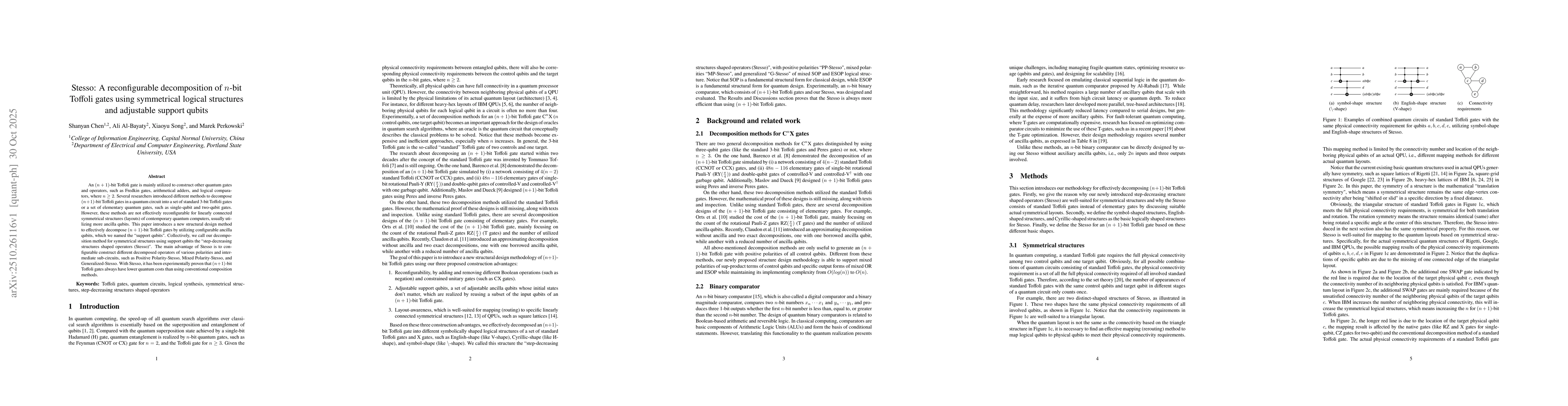 Thumbnail for Stesso: A reconfigurable decomposition of $n$-bit Toffoli gates using
  symmetrical logical structures and adjustable support qubits