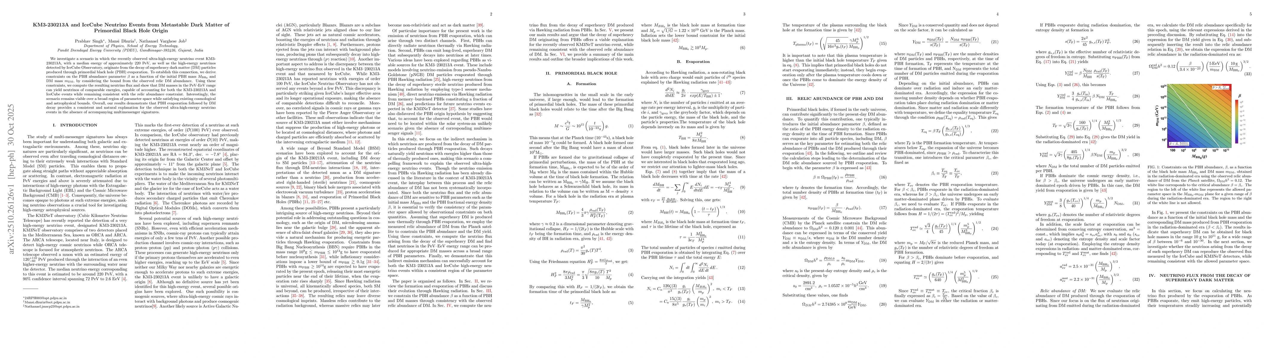 Thumbnail for KM3-230213A and IceCube Neutrino Events from Metastable Dark Matter of
  Primordial Black Hole Origin