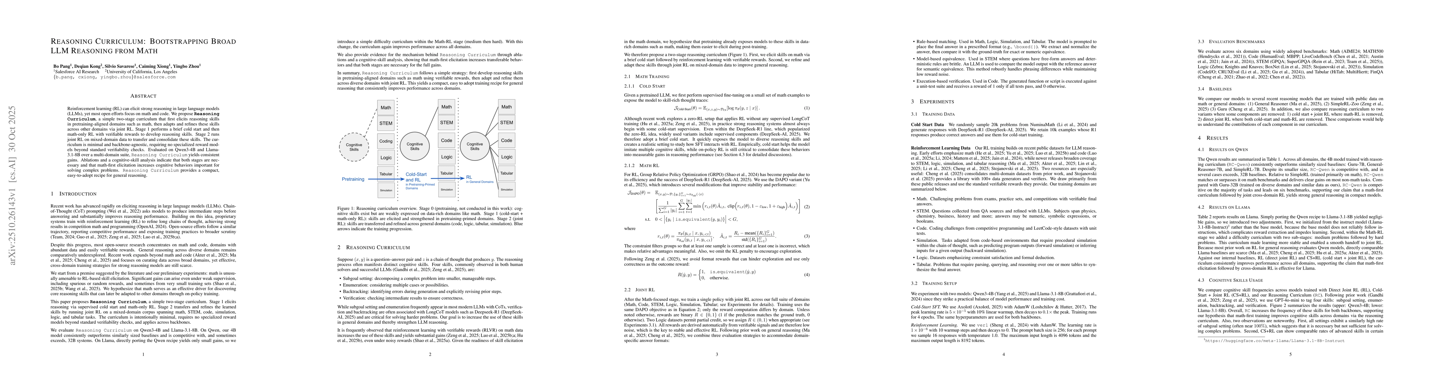 Thumbnail for Reasoning Curriculum: Bootstrapping Broad LLM Reasoning from Math