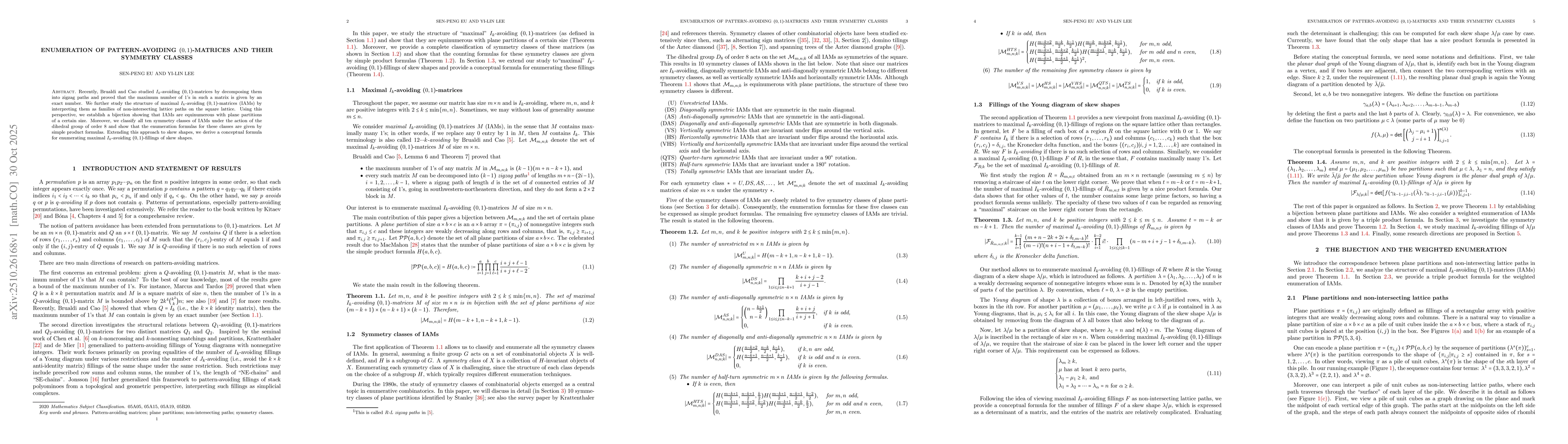 Thumbnail for Enumeration of pattern-avoiding $(0,1)$-matrices and their symmetry
  classes