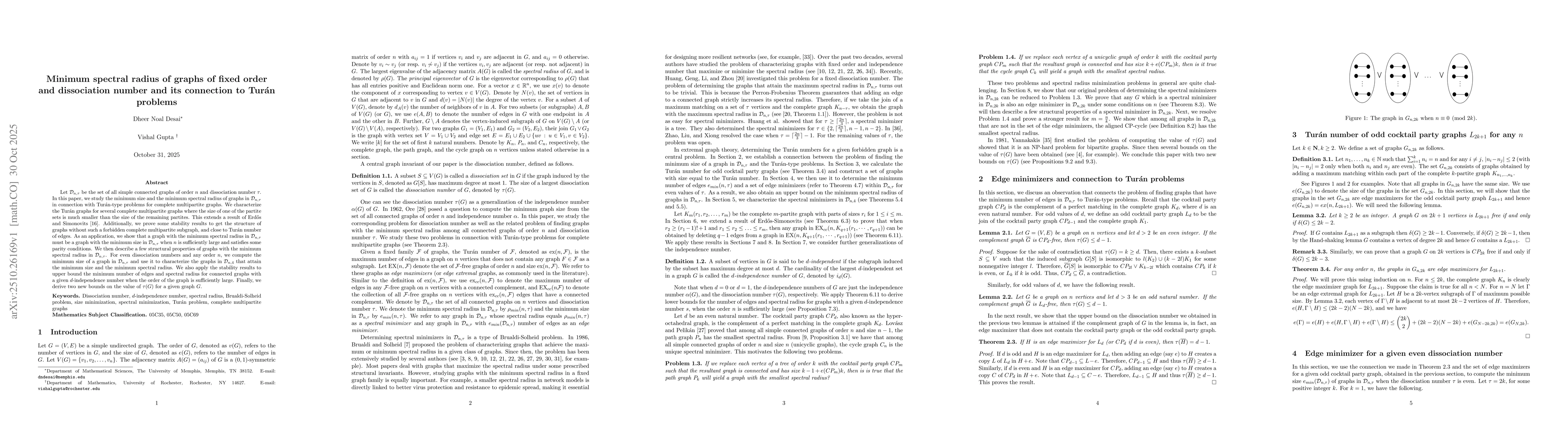 Thumbnail for Minimum spectral radius of graphs of fixed order and dissociation number
  and its connection to Turán problems