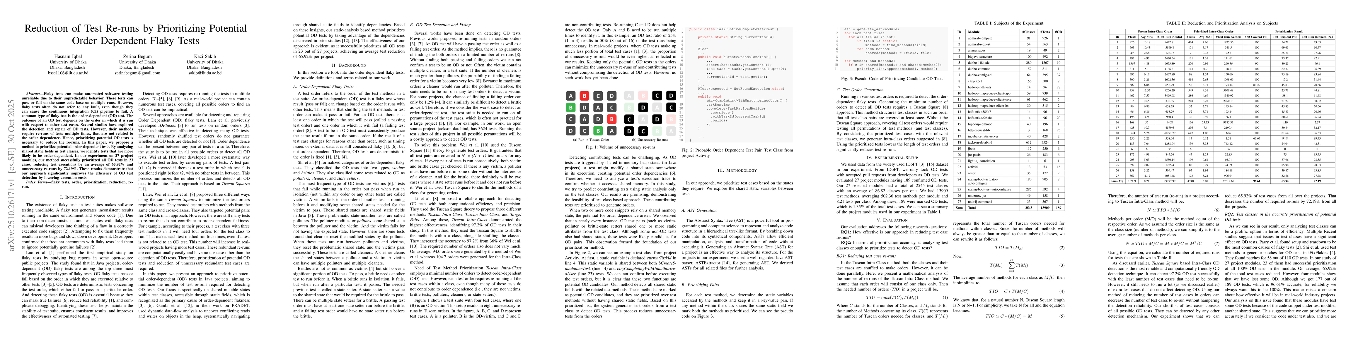 Thumbnail for Reduction of Test Re-runs by Prioritizing Potential Order Dependent
  Flaky Tests