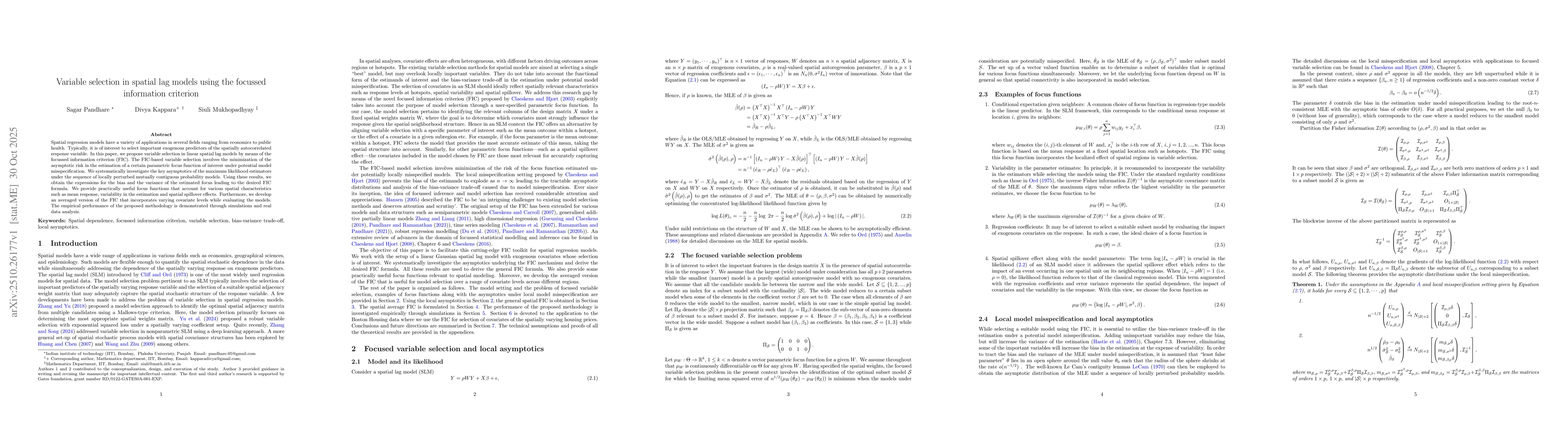 Thumbnail for Variable selection in spatial lag models using the focussed information
  criterion