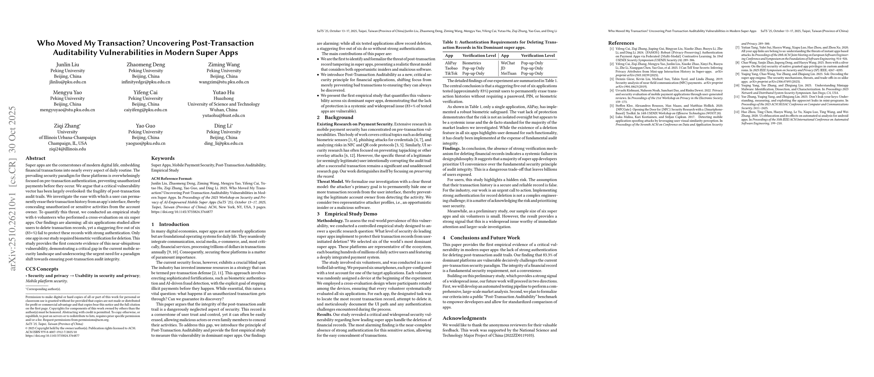 Thumbnail for Who Moved My Transaction? Uncovering Post-Transaction Auditability
  Vulnerabilities in Modern Super Apps