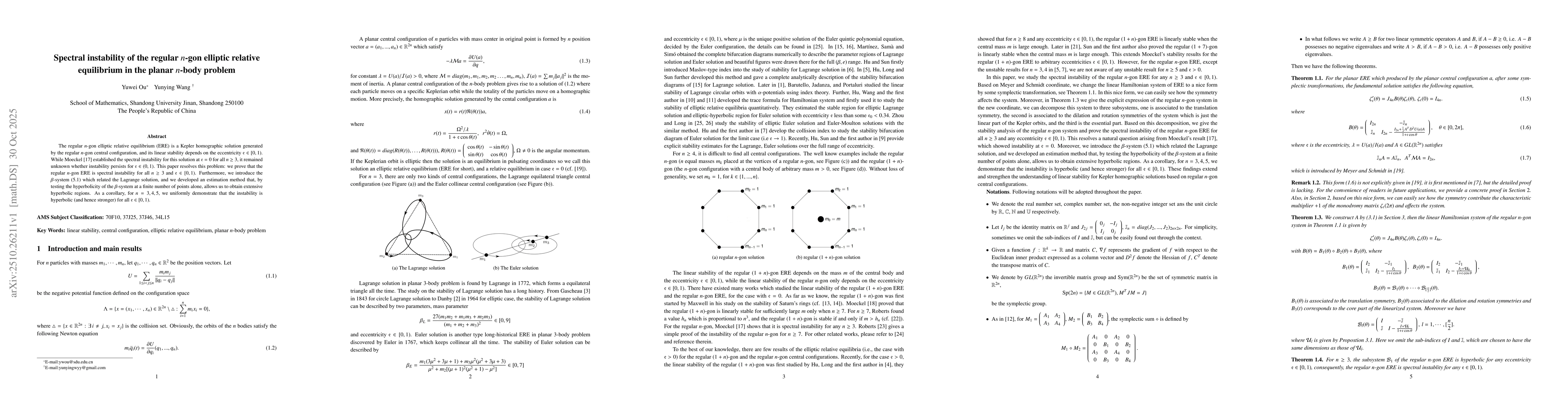 Thumbnail for Spectral instability of the regular n-gon elliptic relative equilibrium
  in the planar n-body problem