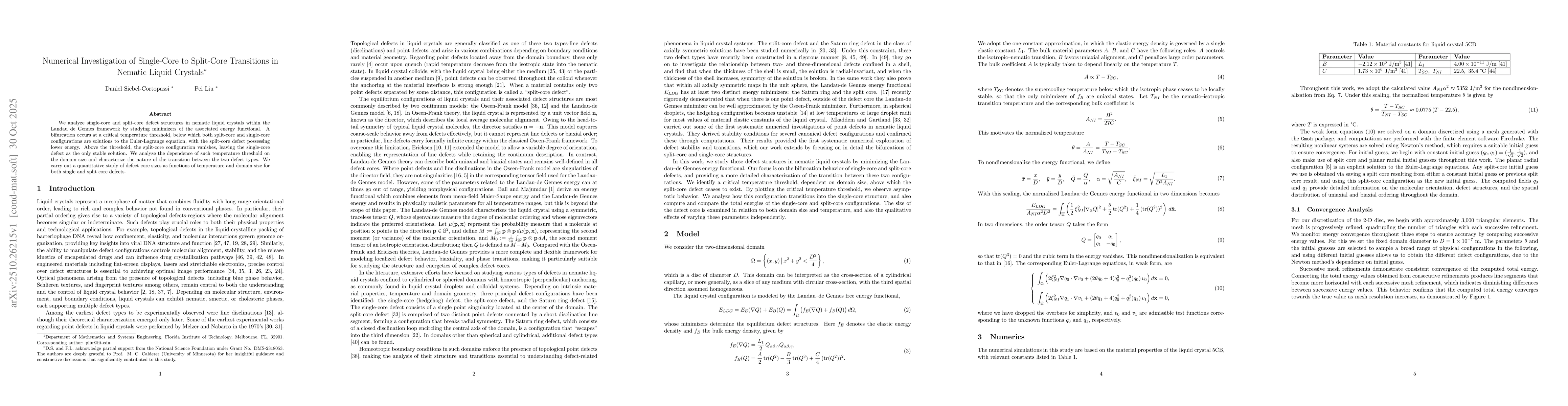 Thumbnail for Numerical Investigation of Single-Core to Split-Core Transitions in
  Nematic Liquid Crystals