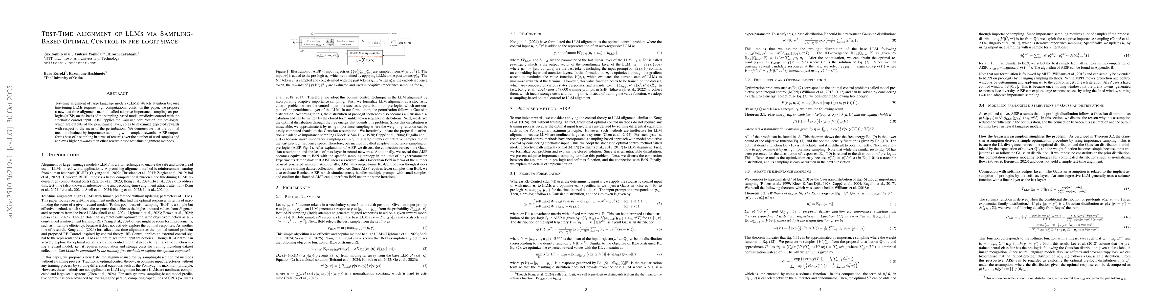 Thumbnail for Test-Time Alignment of LLMs via Sampling-Based Optimal Control in
  pre-logit space