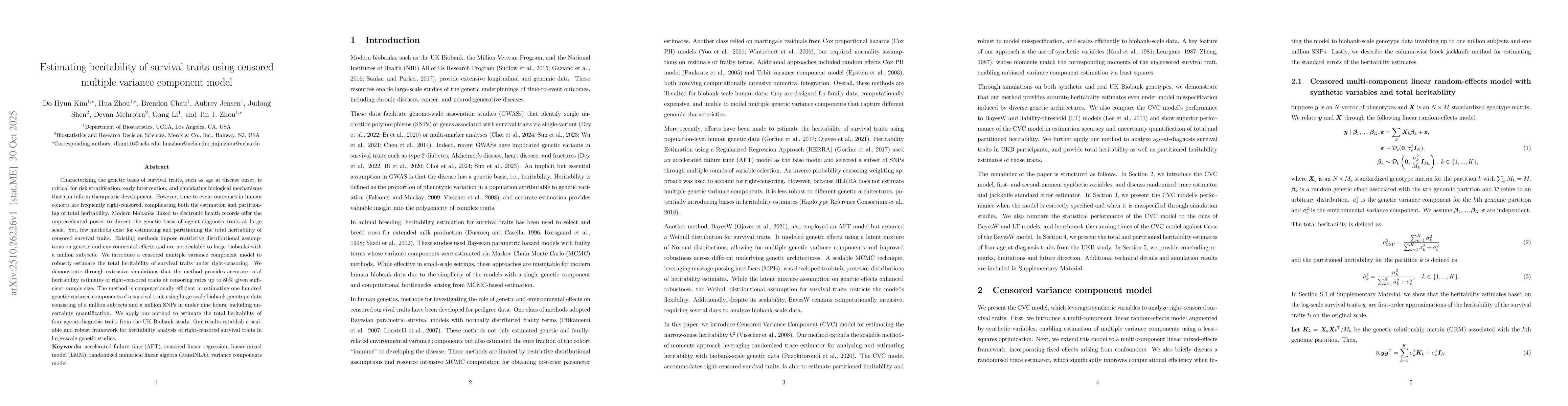 Thumbnail for Estimating heritability of survival traits using censored multiple
  variance component model