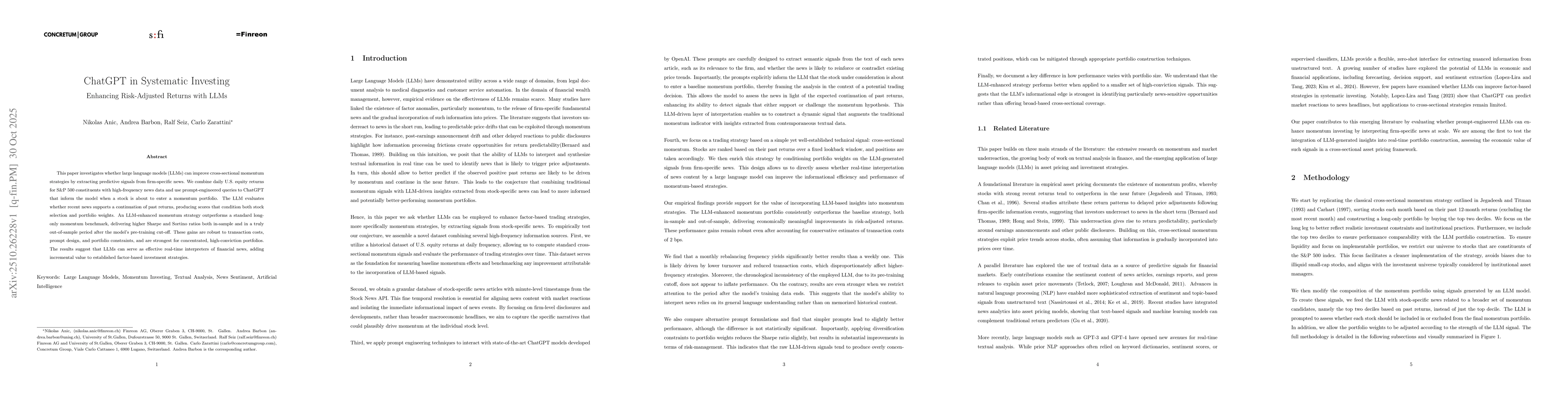 Thumbnail for ChatGPT in Systematic Investing -- Enhancing Risk-Adjusted Returns with
  LLMs