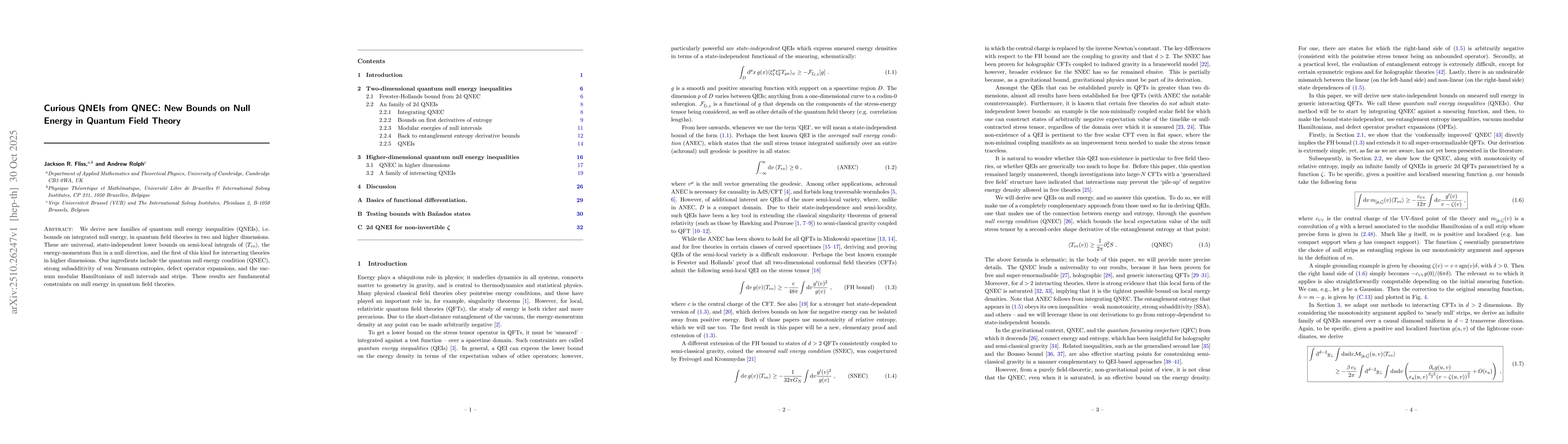 Thumbnail for Curious QNEIs from QNEC: New Bounds on Null Energy in Quantum Field
  Theory
