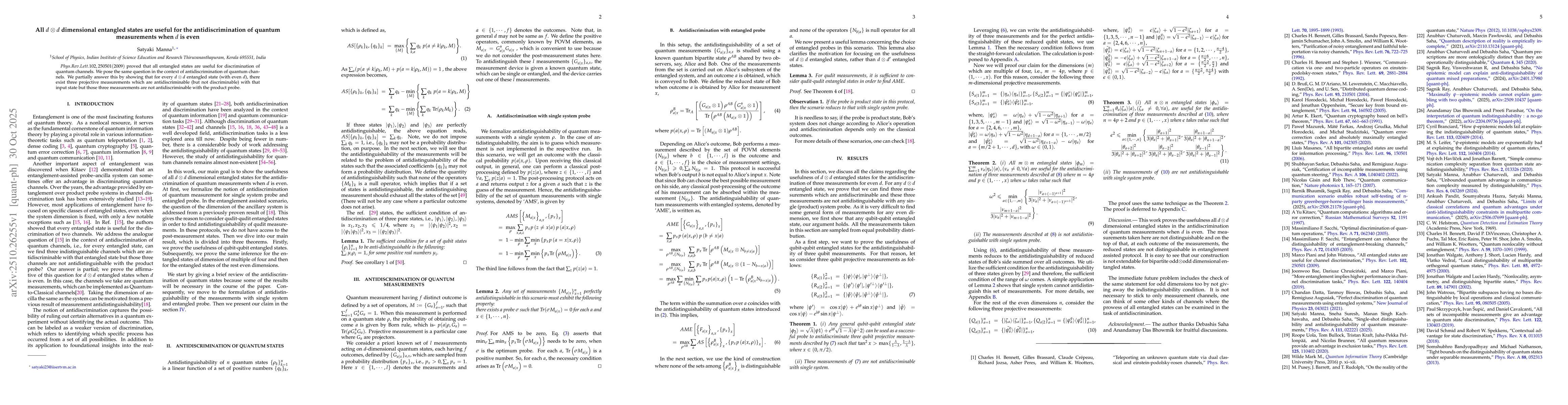 Thumbnail for All $d\otimes d$ dimensional entangled states are useful for the
  antidiscrimination of quantum measurements when $d$ is even