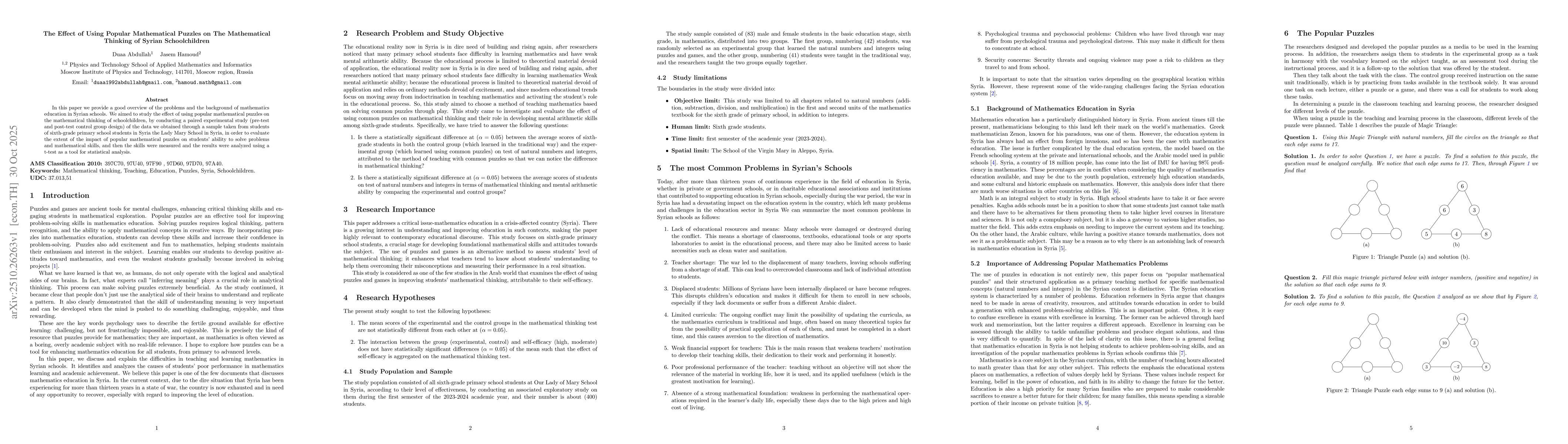 Thumbnail for The Effect of Using Popular Mathematical Puzzles on The Mathematical
  Thinking of Syrian Schoolchildren