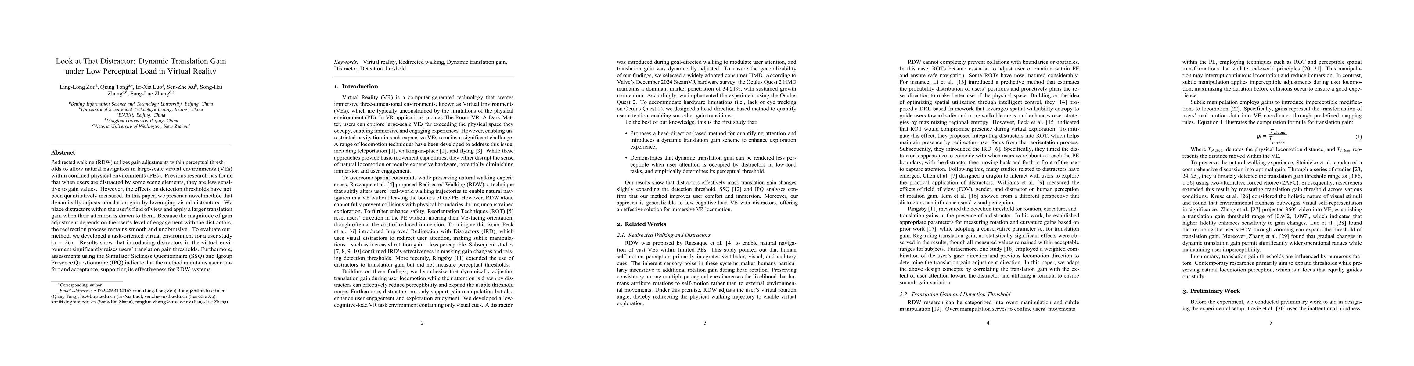 Thumbnail for Look at That Distractor: Dynamic Translation Gain under Low Perceptual
  Load in Virtual Reality